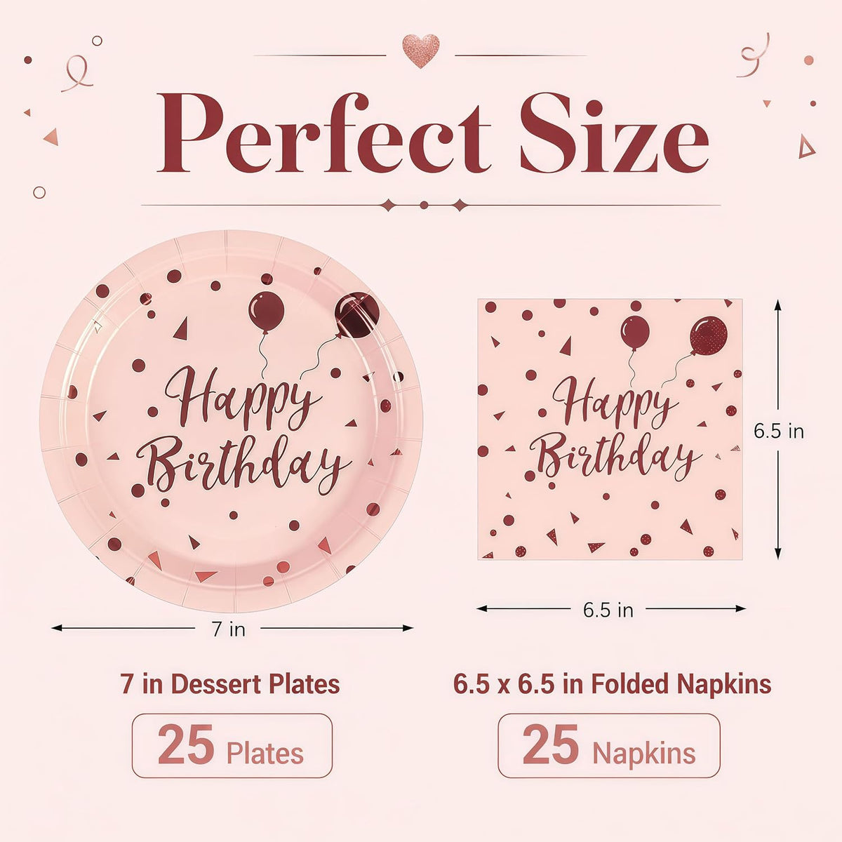 50PCS Happy Birthday Paper Plates and Napkins, 7inch Pink and Gold Polka Dot Cake Dessert Plates Disposable Tableware Set for Girls Women Birthday Party Decorations (Birthday Pink)