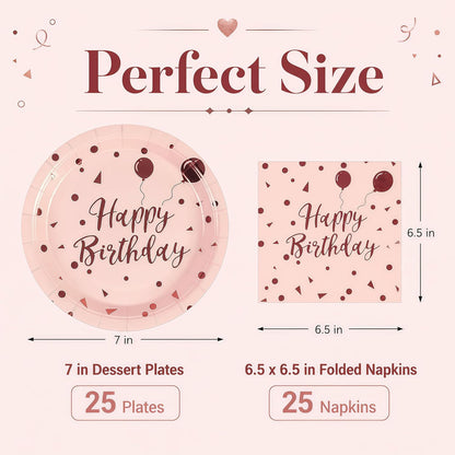 50PCS Happy Birthday Paper Plates and Napkins, 7inch Pink and Gold Polka Dot Cake Dessert Plates Disposable Tableware Set for Girls Women Birthday Party Decorations (Birthday Pink)
