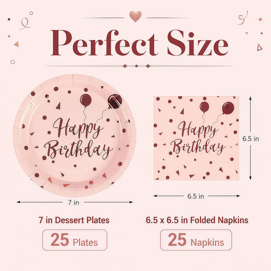 50PCS Happy Birthday Paper Plates and Napkins, 7inch Pink and Gold Polka Dot Cake Dessert Plates Disposable Tableware Set for Girls Women Birthday Party Decorations (Birthday Pink)