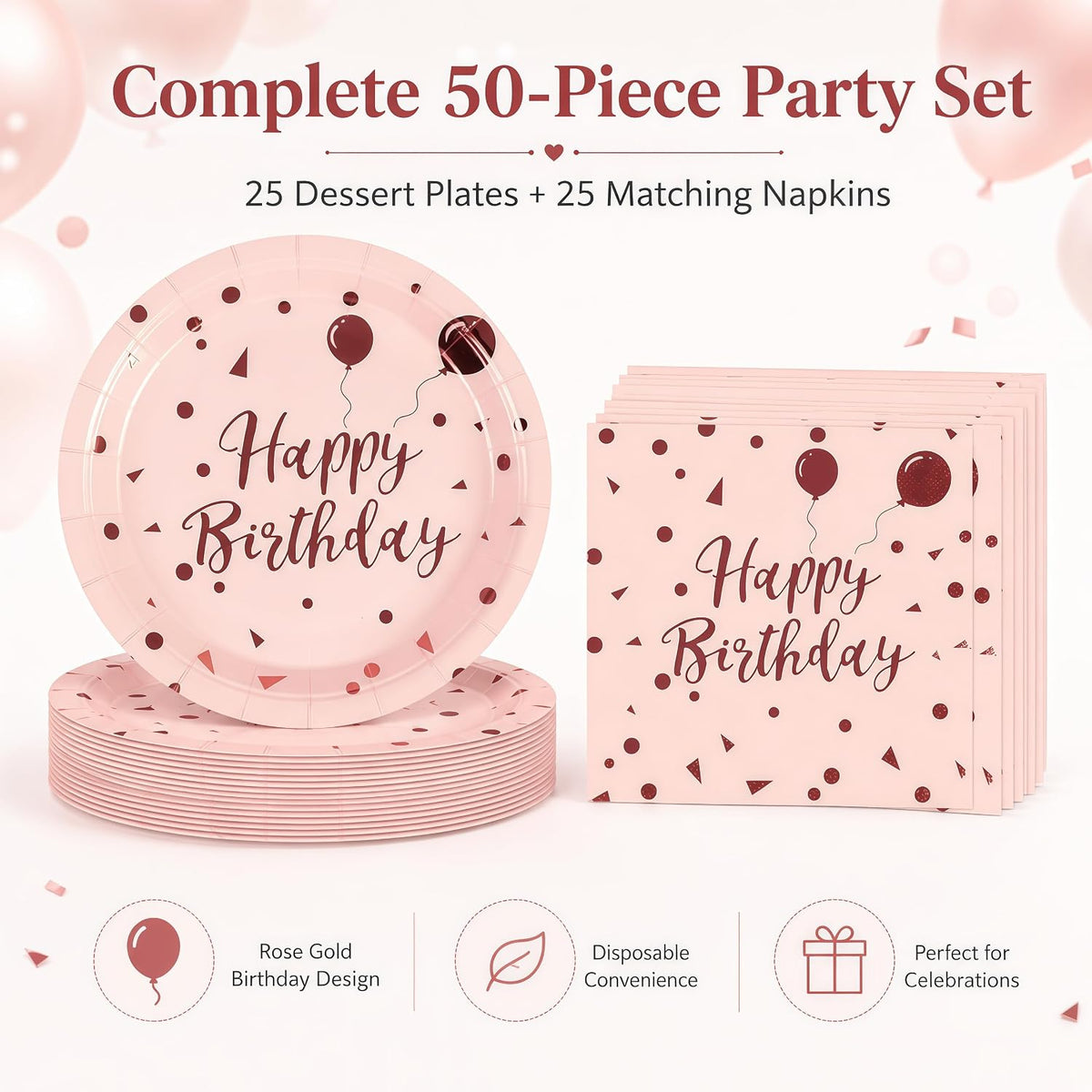50PCS Happy Birthday Paper Plates and Napkins, 7inch Pink and Gold Polka Dot Cake Dessert Plates Disposable Tableware Set for Girls Women Birthday Party Decorations (Birthday Pink)