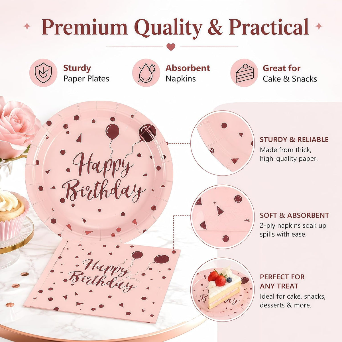 50PCS Happy Birthday Paper Plates and Napkins, 7inch Pink and Gold Polka Dot Cake Dessert Plates Disposable Tableware Set for Girls Women Birthday Party Decorations (Birthday Pink)