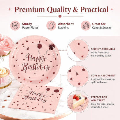 50PCS Happy Birthday Paper Plates and Napkins, 7inch Pink and Gold Polka Dot Cake Dessert Plates Disposable Tableware Set for Girls Women Birthday Party Decorations (Birthday Pink)
