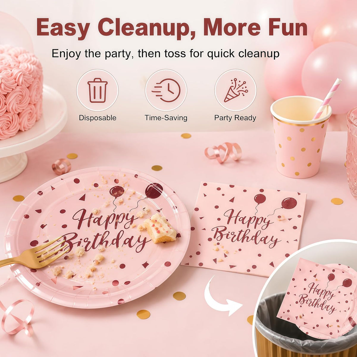 50PCS Happy Birthday Paper Plates and Napkins, 7inch Pink and Gold Polka Dot Cake Dessert Plates Disposable Tableware Set for Girls Women Birthday Party Decorations (Birthday Pink)