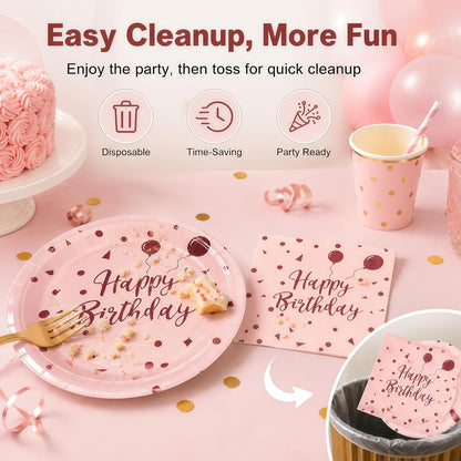 50PCS Happy Birthday Paper Plates and Napkins, 7inch Pink and Gold Polka Dot Cake Dessert Plates Disposable Tableware Set for Girls Women Birthday Party Decorations (Birthday Pink)