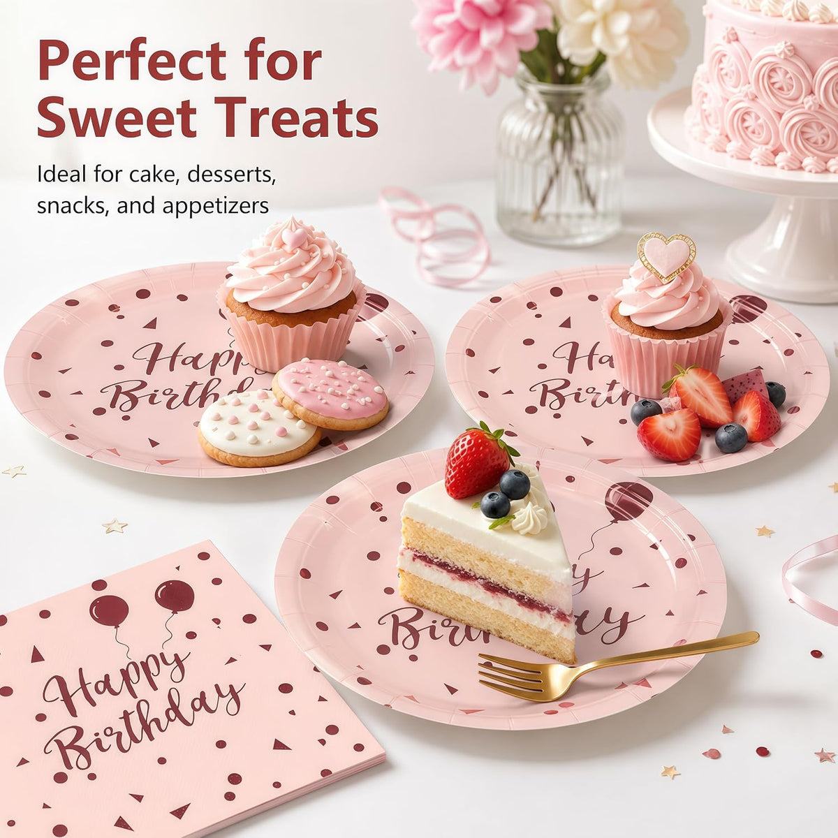 50PCS Happy Birthday Paper Plates and Napkins, 7inch Pink and Gold Polka Dot Cake Dessert Plates Disposable Tableware Set for Girls Women Birthday Party Decorations (Birthday Pink)