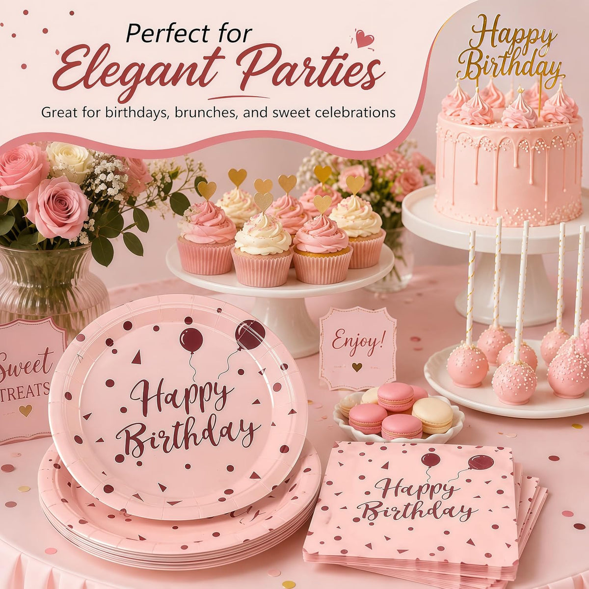 50PCS Happy Birthday Paper Plates and Napkins, 7inch Pink and Gold Polka Dot Cake Dessert Plates Disposable Tableware Set for Girls Women Birthday Party Decorations (Birthday Pink)