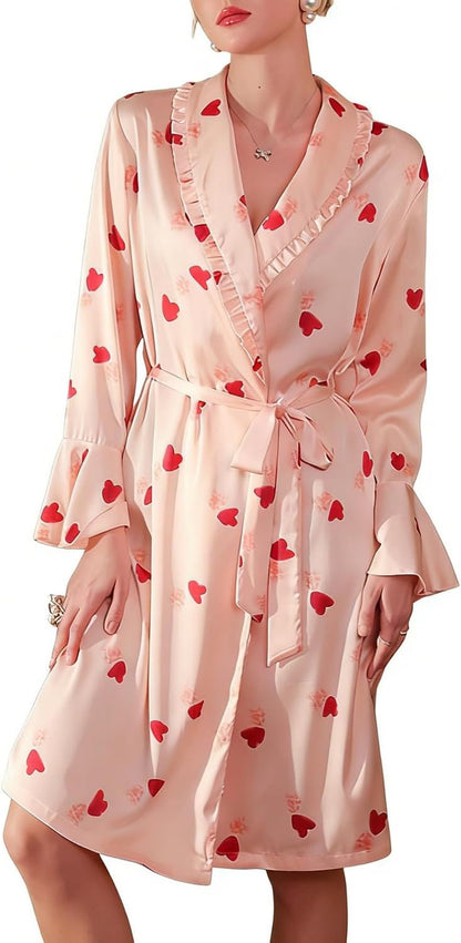 Womens Silky Stain Robe Heart Print Valentines Bathrobe Long Sleeve V Neck Short Belted Robes Bridesmaids Sleepwear