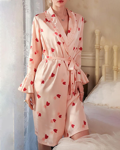 Womens Silky Stain Robe Heart Print Valentines Bathrobe Long Sleeve V Neck Short Belted Robes Bridesmaids Sleepwear