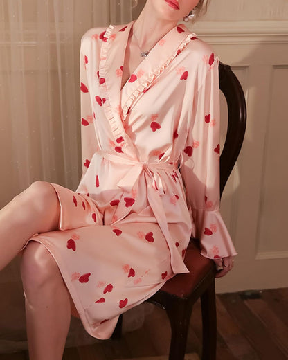 Womens Silky Stain Robe Heart Print Valentines Bathrobe Long Sleeve V Neck Short Belted Robes Bridesmaids Sleepwear