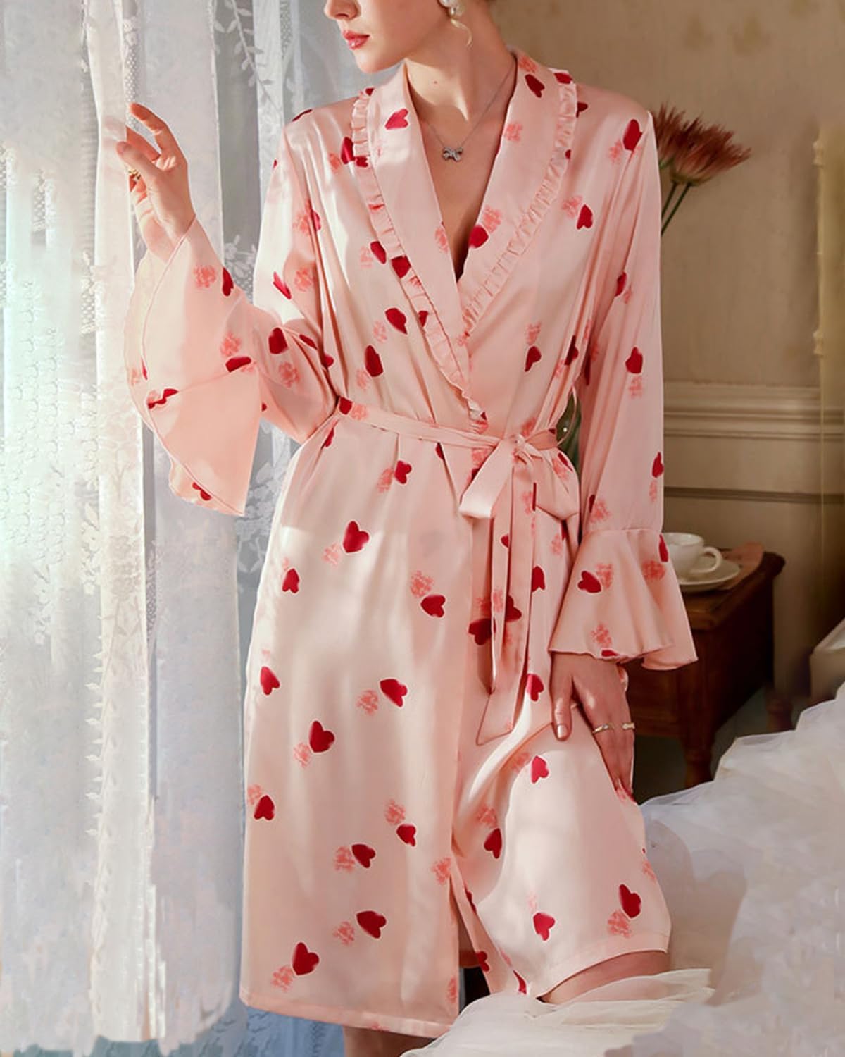 Womens Silky Stain Robe Heart Print Valentines Bathrobe Long Sleeve V Neck Short Belted Robes Bridesmaids Sleepwear