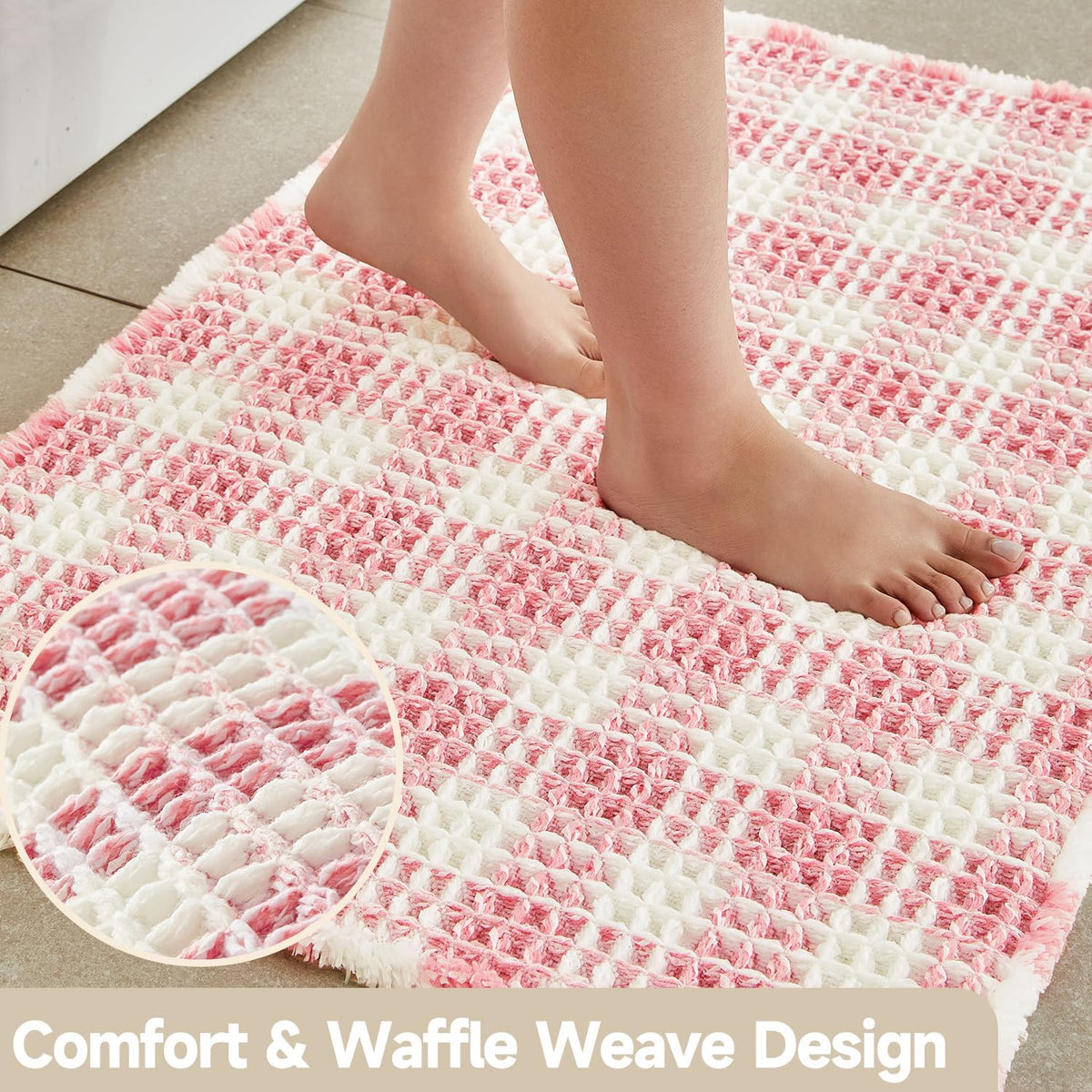 Waffle Bath Mat, Cute Bathroom Rugs Non Slip, 30x20 Pink & White