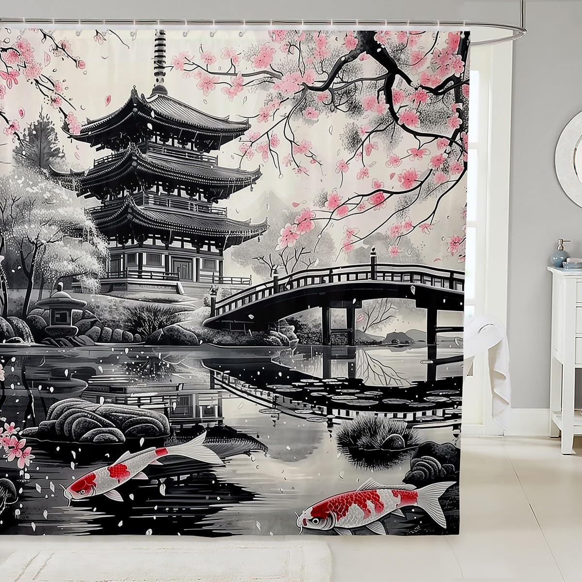 Japanese Style Shower Curtain Cherry Blossoms Bath Curtain for Kids Koi Fish Bathroom Waterproof Accessories with 12 Hooks Grey Pink Waterproof Polyester,72x78 Inches