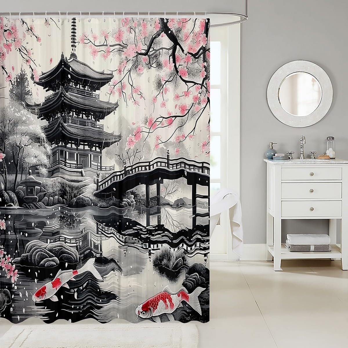 Japanese Style Shower Curtain Cherry Blossoms Bath Curtain for Kids Koi Fish Bathroom Waterproof Accessories with 12 Hooks Grey Pink Waterproof Polyester,72x78 Inches