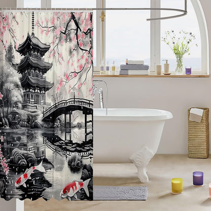 Japanese Style Shower Curtain Cherry Blossoms Bath Curtain for Kids Koi Fish Bathroom Waterproof Accessories with 12 Hooks Grey Pink Waterproof Polyester,72x78 Inches