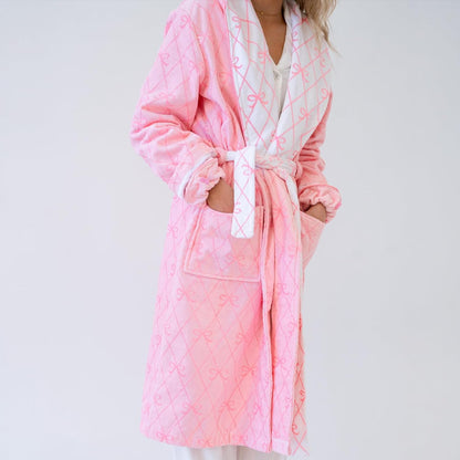 Women Fuzzy Fleece Flannel Lounge Robe Cute Bow Knot Heart Print Shawl Collar Belted Plush Soft Bathrobe with Pockets