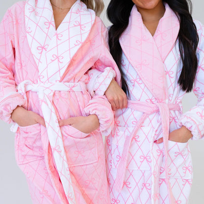 Women Fuzzy Fleece Flannel Lounge Robe Cute Bow Knot Heart Print Shawl Collar Belted Plush Soft Bathrobe with Pockets