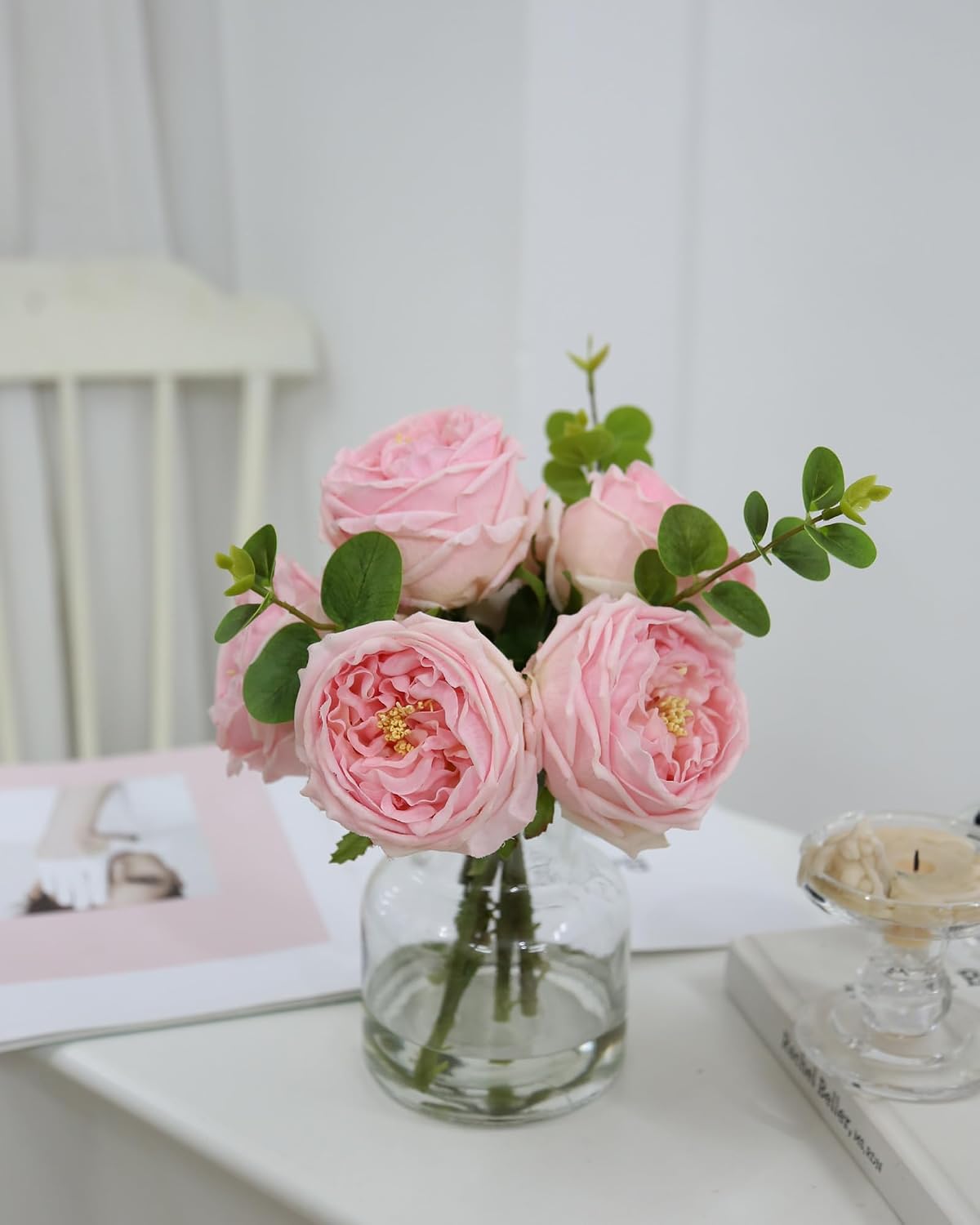 Artificial Flowers with Pink Roses in Vase, Lifelike Fake Flowers in Vase, Faux Flower Arrangements for Dining Table Centerpiece Decor, Table Centerpieces for Dining Room