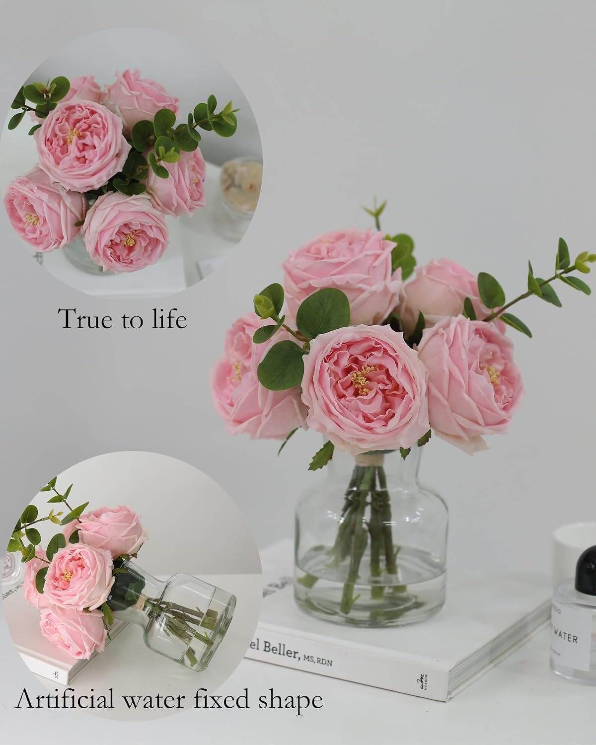 Artificial Flowers with Pink Roses in Vase, Lifelike Fake Flowers in Vase, Faux Flower Arrangements for Dining Table Centerpiece Decor, Table Centerpieces for Dining Room