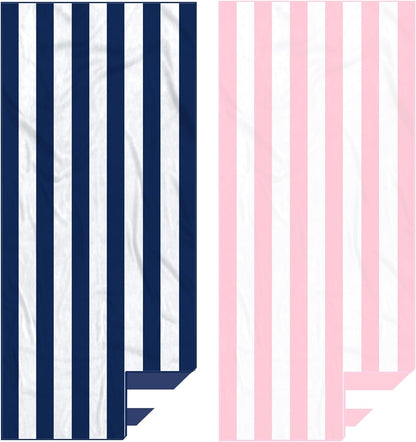 2 Pack Microfiber Beach Towel, Quick Dry Travel Towel Large Sand Free Towel for Beach, Camping, Swim Pool, Gym, Sports& Yoga 71"x32", Stripe Navy & Pink