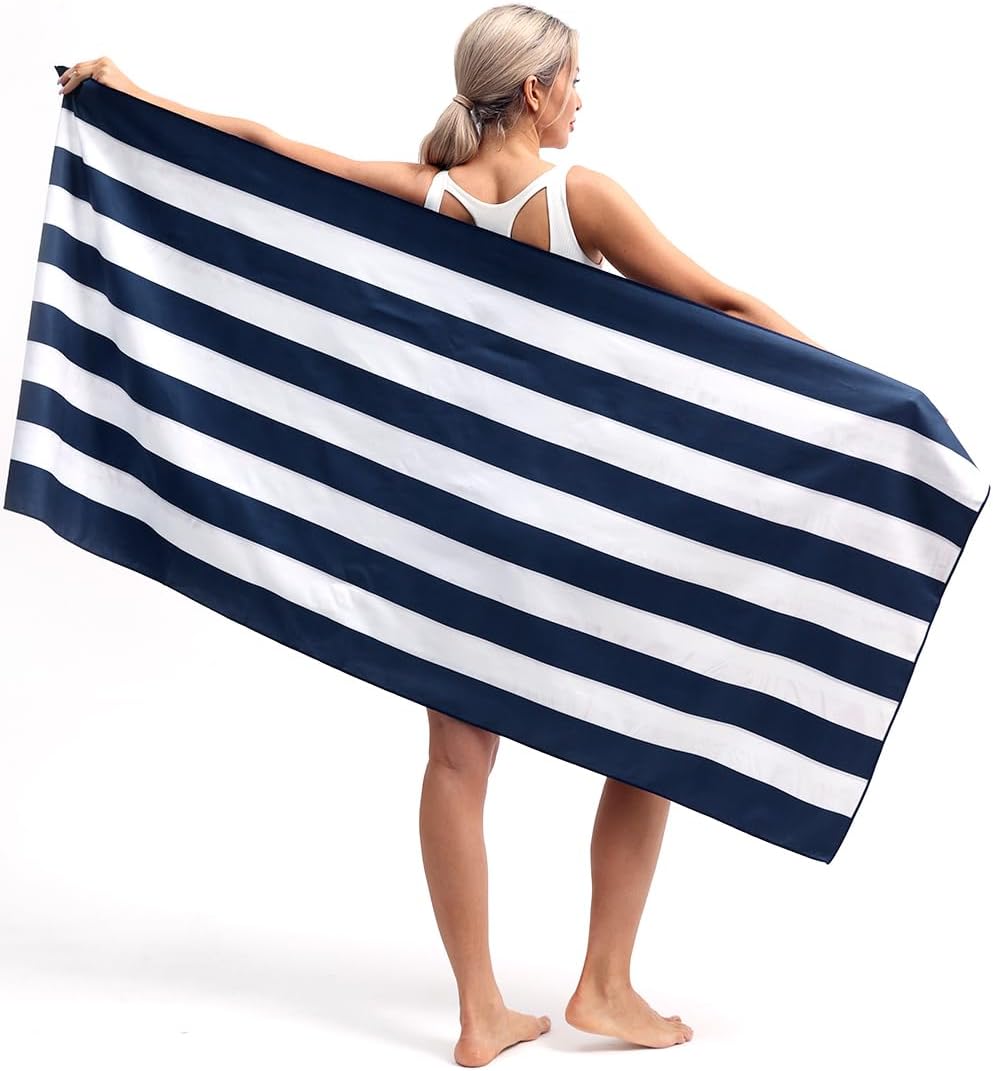 2 Pack Microfiber Beach Towel, Quick Dry Travel Towel Large Sand Free Towel for Beach, Camping, Swim Pool, Gym, Sports& Yoga 71"x32", Stripe Navy & Pink