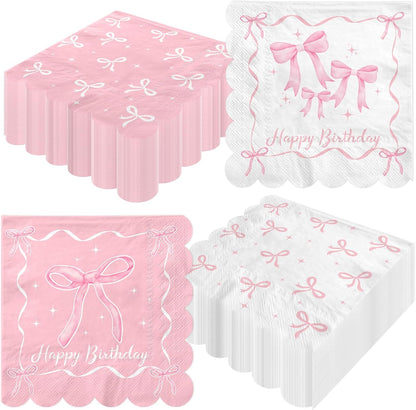 48Pcs Pink Bow Birthday Party Napkins Bow Theme Paper Napkins Coquette Birthday Decorations for Girls Bachelorette Party Supplies