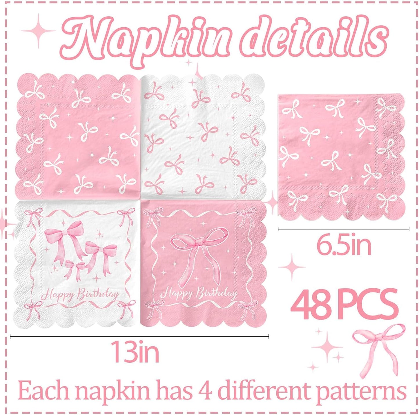 48Pcs Pink Bow Birthday Party Napkins Bow Theme Paper Napkins Coquette Birthday Decorations for Girls Bachelorette Party Supplies