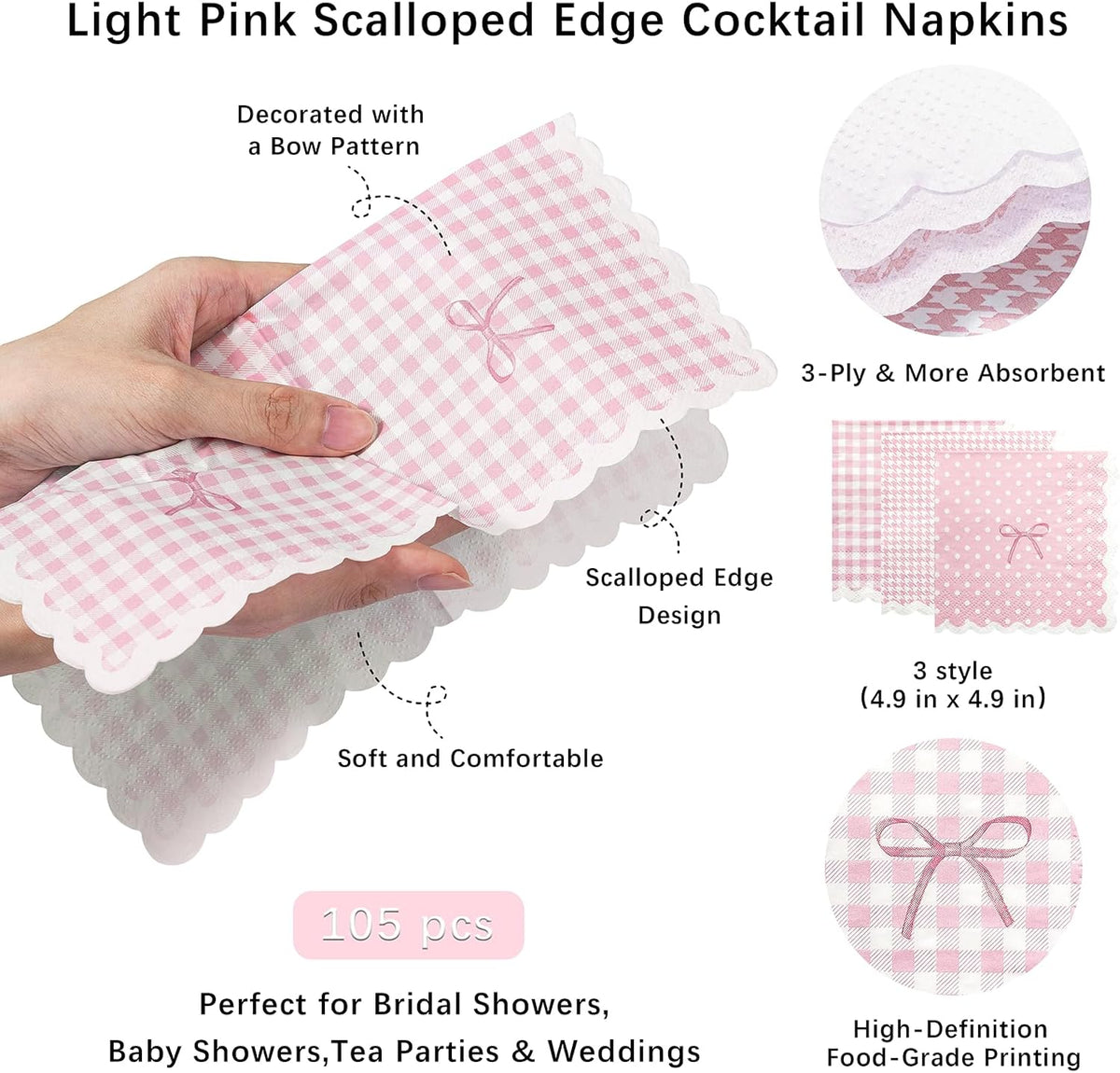 105 Pcs Light Pink Napkins 3-Ply(Scalloped), 3 Assorted Patterns Disposable Paper Cocktail Napkins for Wedding, Baby Shower, Bridal Shower, Birthday, Tea Party, Not Easily Torn (5x5")