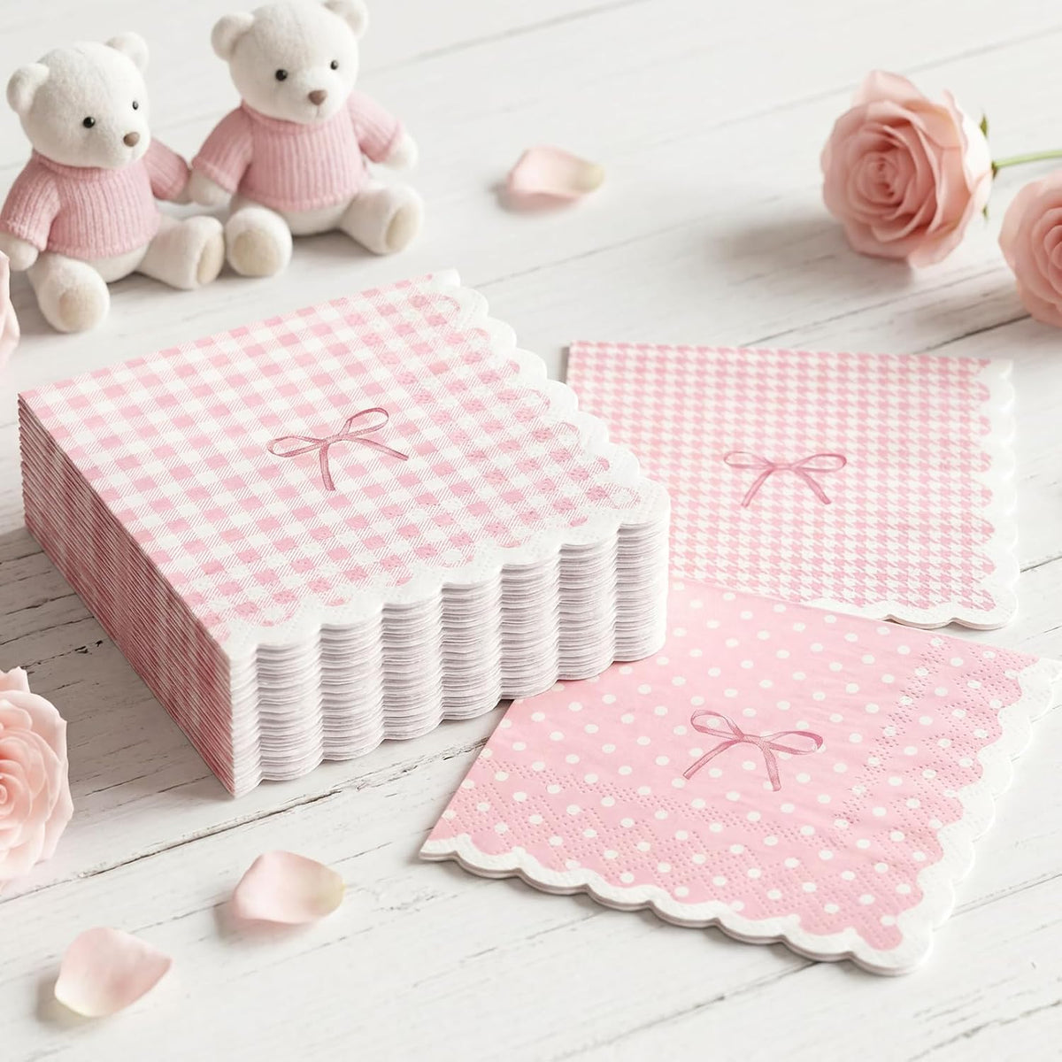 105 Pcs Light Pink Napkins 3-Ply(Scalloped), 3 Assorted Patterns Disposable Paper Cocktail Napkins for Wedding, Baby Shower, Bridal Shower, Birthday, Tea Party, Not Easily Torn (5x5")