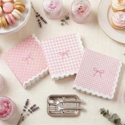 105 Pcs Light Pink Napkins 3-Ply(Scalloped), 3 Assorted Patterns Disposable Paper Cocktail Napkins for Wedding, Baby Shower, Bridal Shower, Birthday, Tea Party, Not Easily Torn (5x5")