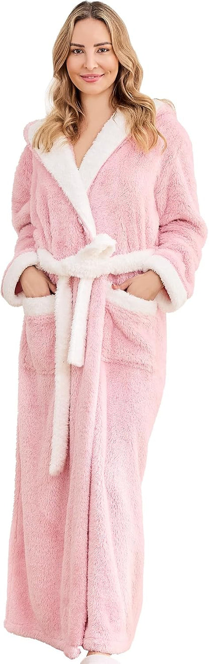 Long Robes For Women Floor Length, Fluffy Fleece Warm Cozy Hooded Bathrobe Plush Luxury Plus Size Winter Housecoat
