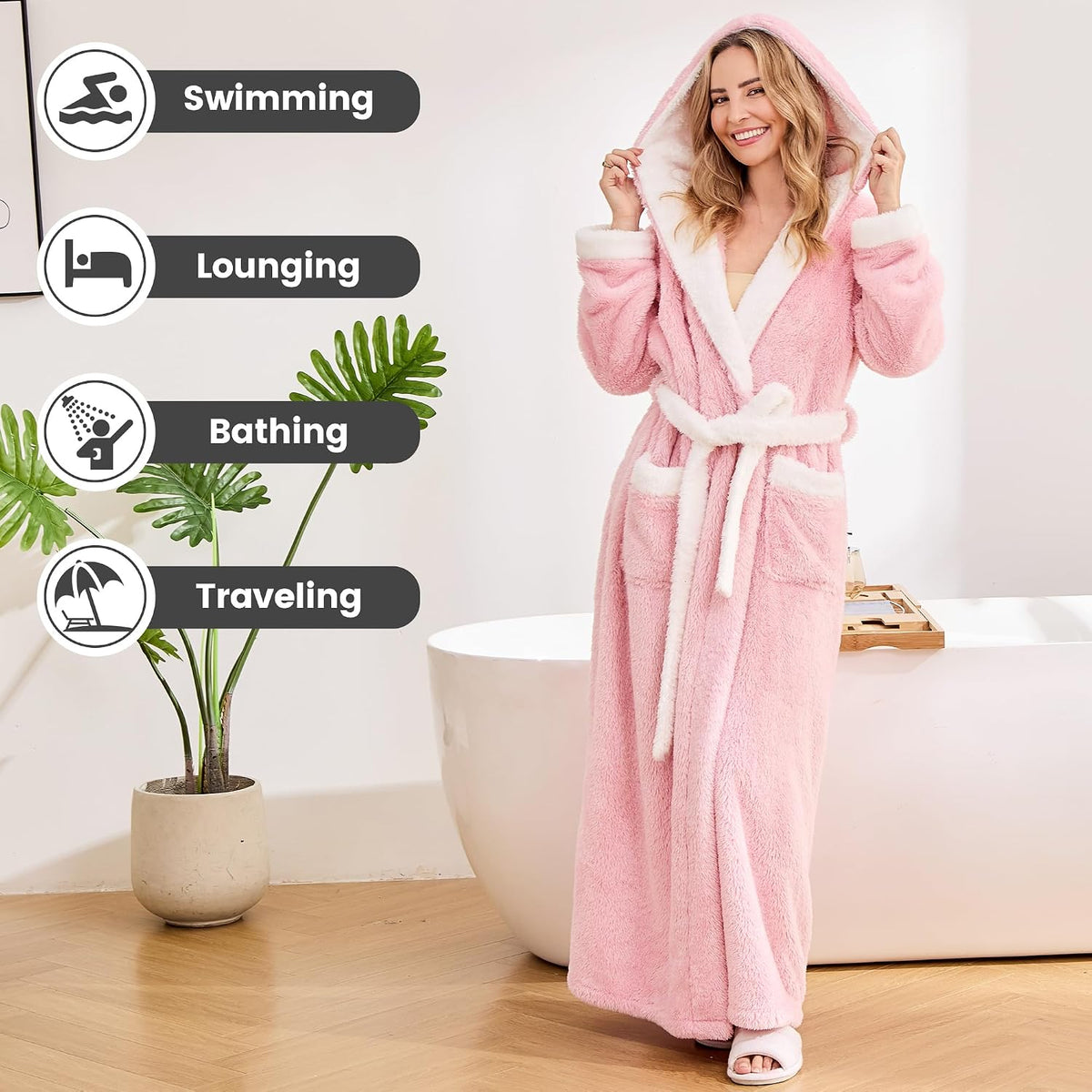 Long Robes For Women Floor Length, Fluffy Fleece Warm Cozy Hooded Bathrobe Plush Luxury Plus Size Winter Housecoat