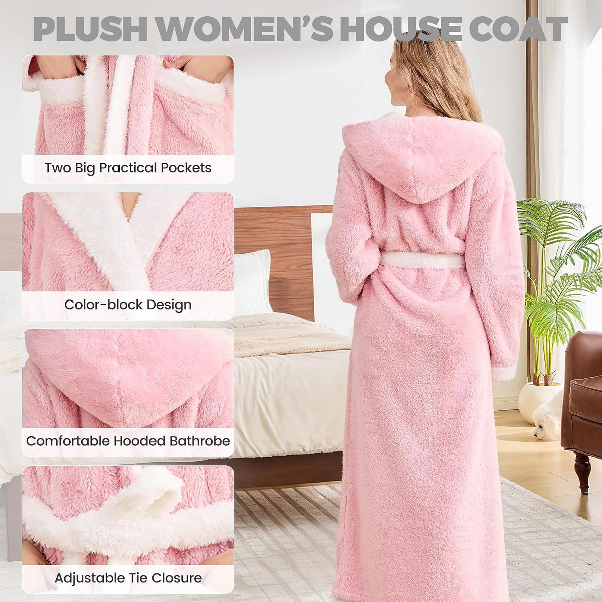 Long Robes For Women Floor Length, Fluffy Fleece Warm Cozy Hooded Bathrobe Plush Luxury Plus Size Winter Housecoat