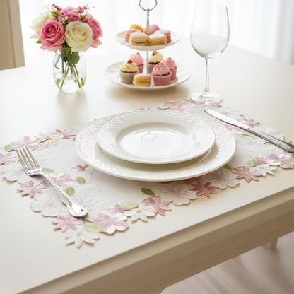 Flower Placemat with Cutout Flower Edge, Pink Floral Cutwork Embroidered Placemats for Wedding Birthday Dinner Party Table Decor, Set of 4,Rectangular