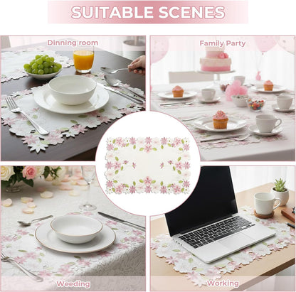 Flower Placemat with Cutout Flower Edge, Pink Floral Cutwork Embroidered Placemats for Wedding Birthday Dinner Party Table Decor, Set of 4,Rectangular