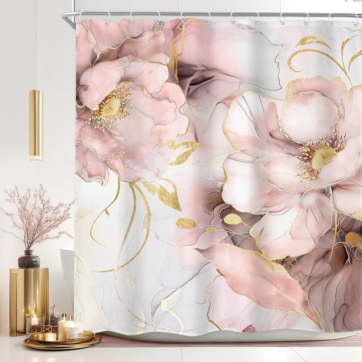 Elegant Marble Pink Gold Ombre Abstract Floral Bathroom Shower Curtain Set