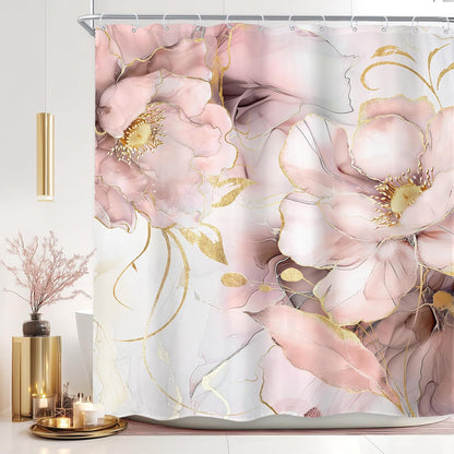 Elegant Marble Pink Gold Ombre Abstract Floral Bathroom Shower Curtain Set