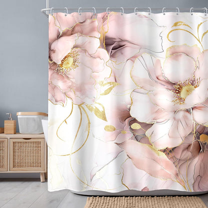 Elegant Marble Pink Gold Ombre Abstract Floral Bathroom Shower Curtain Set
