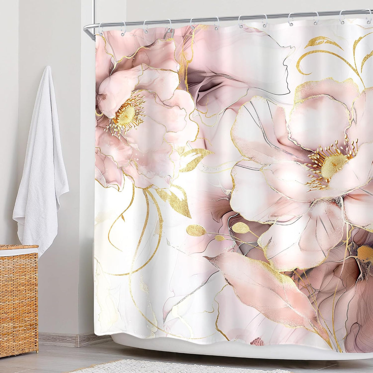 Elegant Marble Pink Gold Ombre Abstract Floral Bathroom Shower Curtain Set