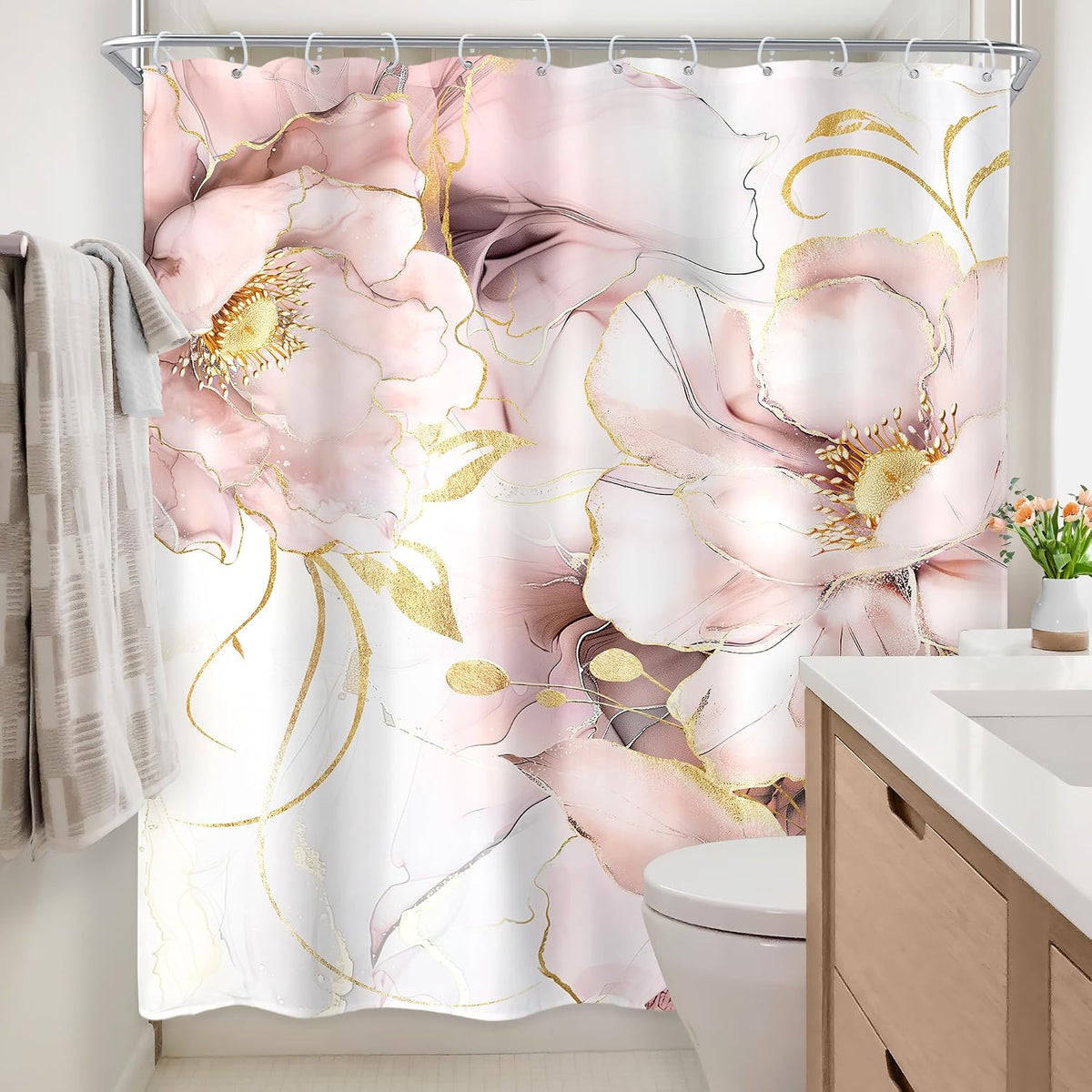 Elegant Marble Pink Gold Ombre Abstract Floral Bathroom Shower Curtain Set