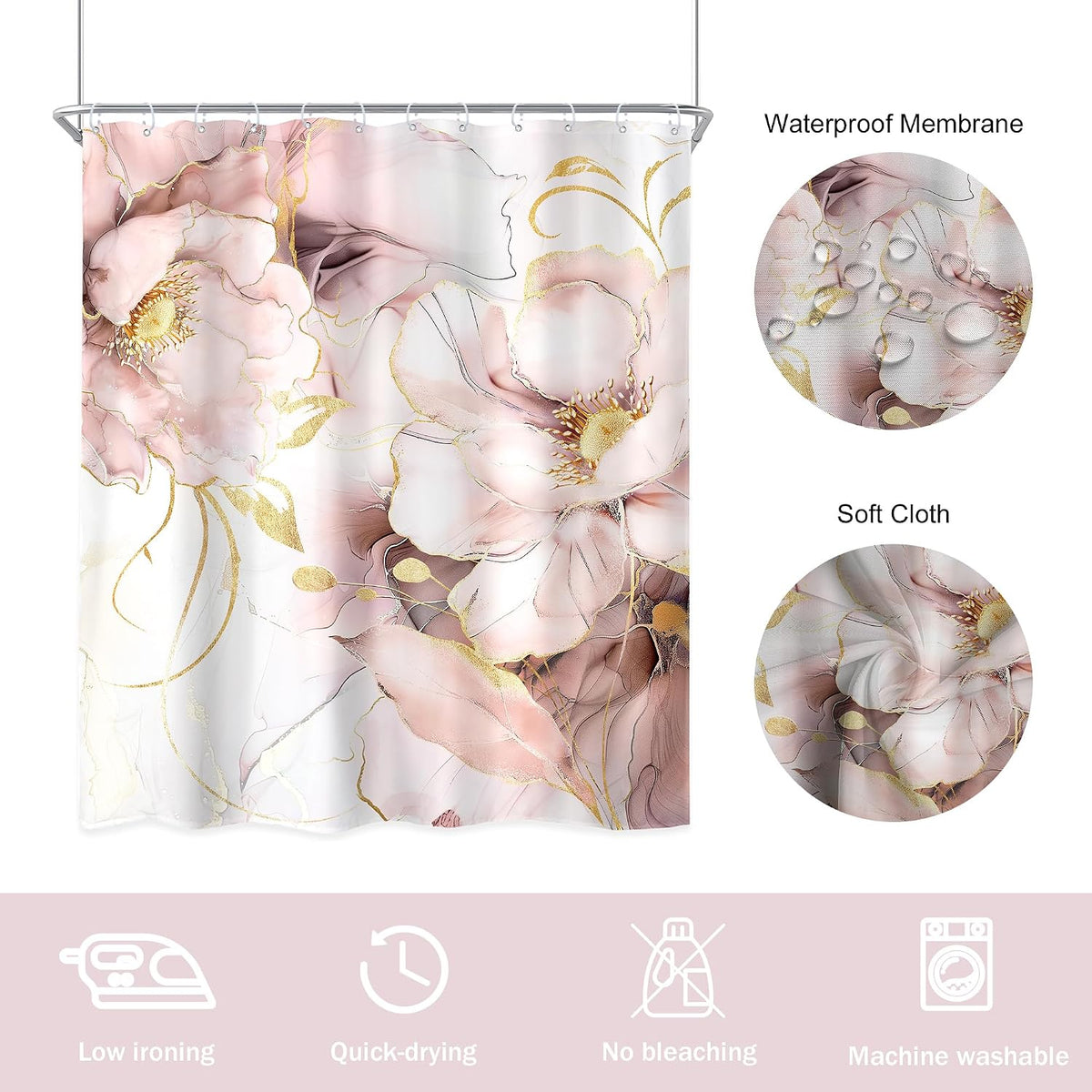 Elegant Marble Pink Gold Ombre Abstract Floral Bathroom Shower Curtain Set