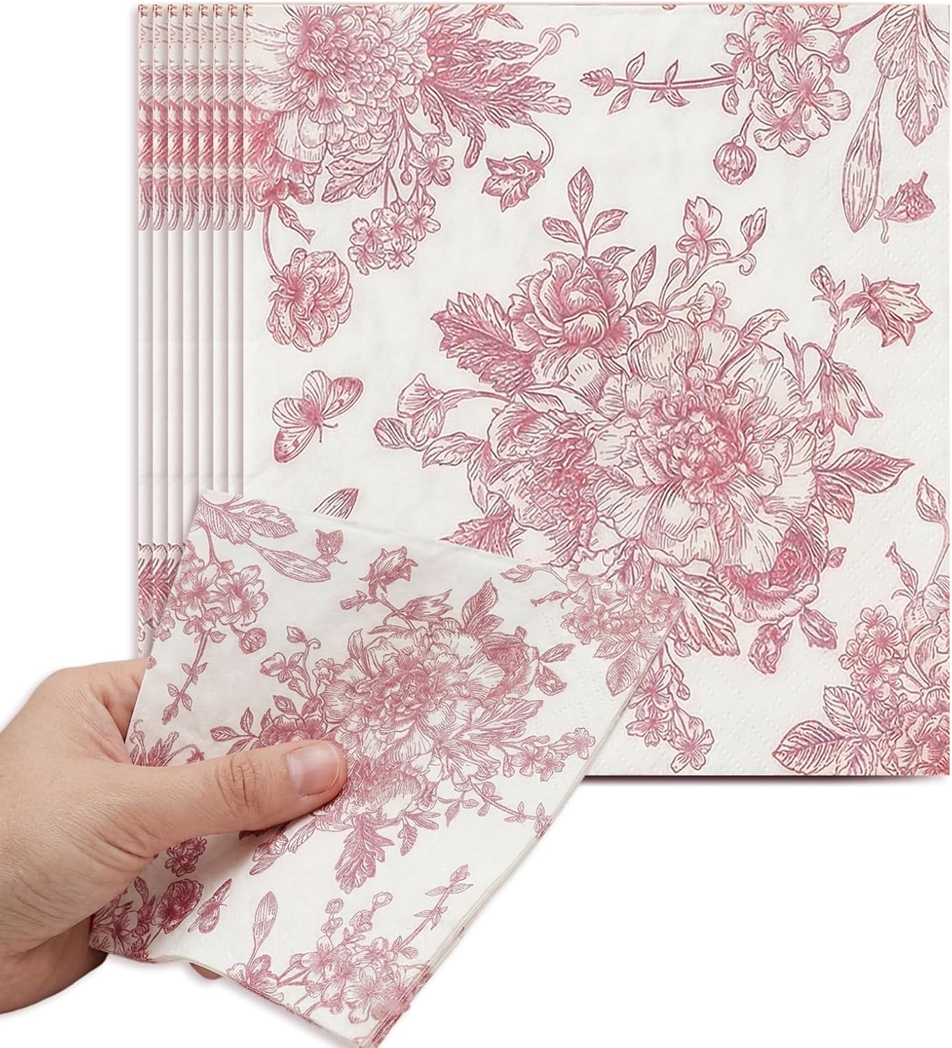Pink Floral Cocktail Napkins 100 Pcs, Vintage Flower Butterfly Napkins for Easter Mothers Day Wedding Bridal Baby Shower Tea Party