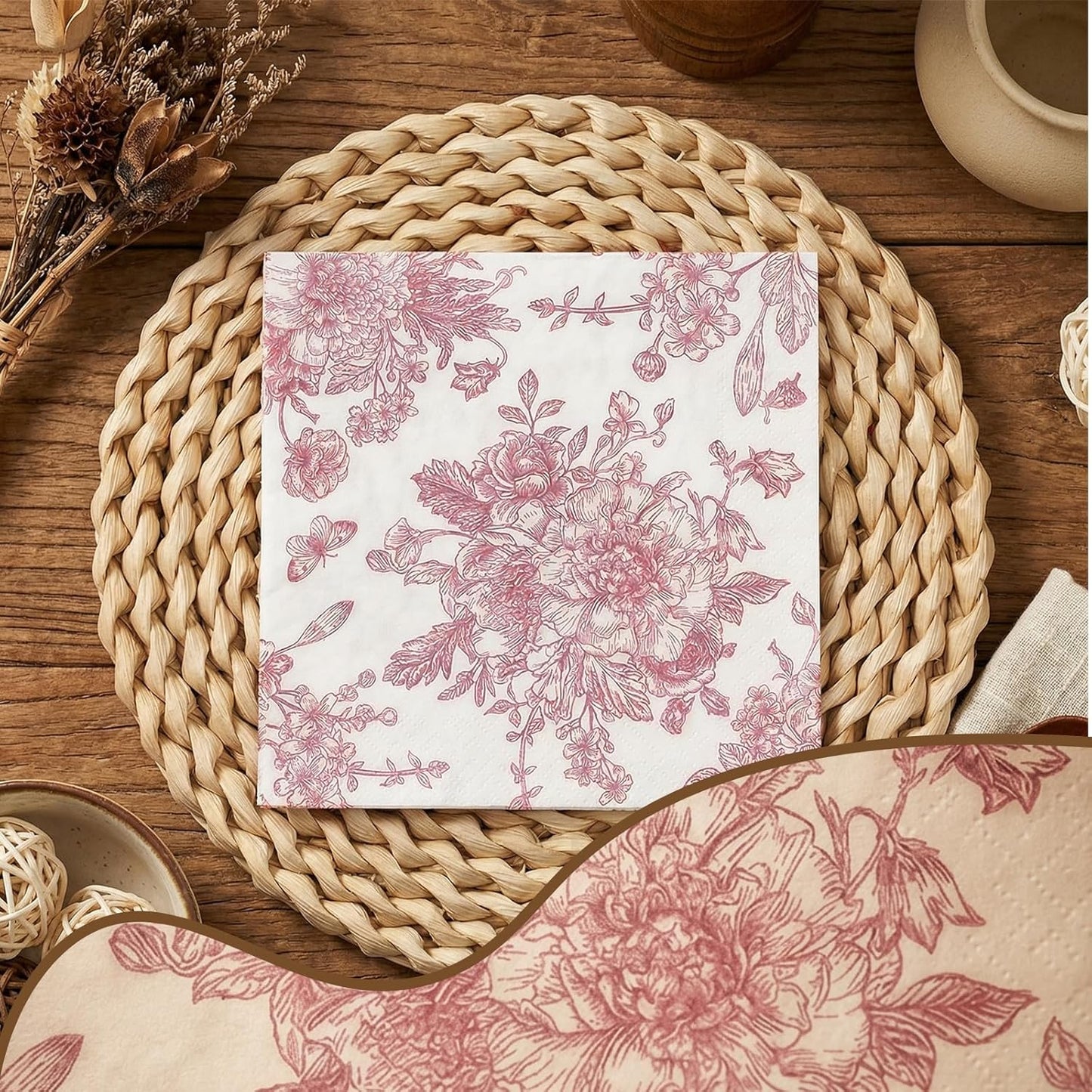 Pink Floral Cocktail Napkins 100 Pcs, Vintage Flower Butterfly Napkins for Easter Mothers Day Wedding Bridal Baby Shower Tea Party