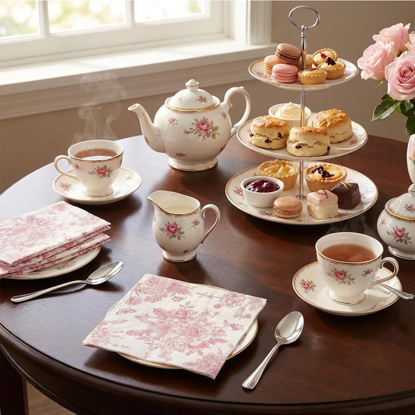 Pink Floral Cocktail Napkins 100 Pcs, Vintage Flower Butterfly Napkins for Easter Mothers Day Wedding Bridal Baby Shower Tea Party