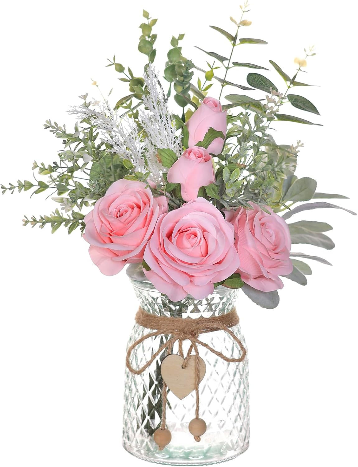 14.5" Artificial Silk Roses with Vase for Home Decoration (Pink)