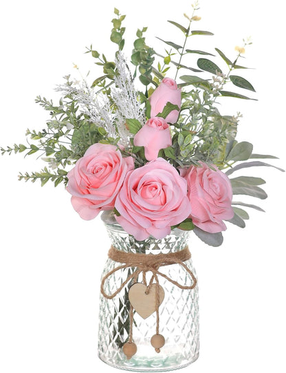 14.5" Artificial Silk Roses with Vase for Home Decoration (Pink)