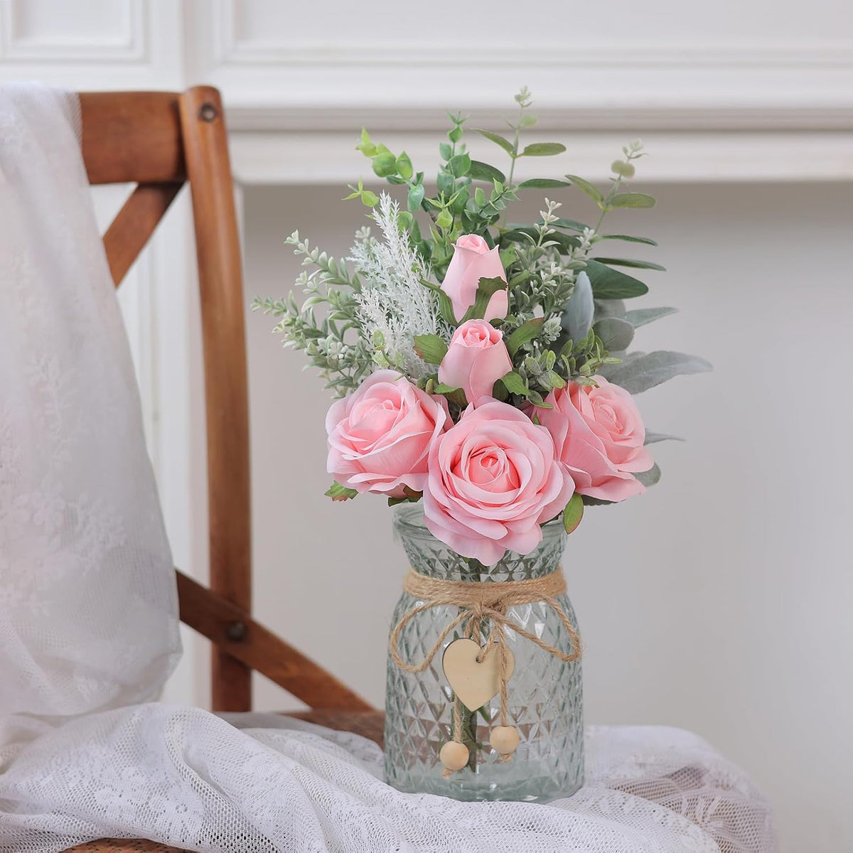 14.5" Artificial Silk Roses with Vase for Home Decoration (Pink)