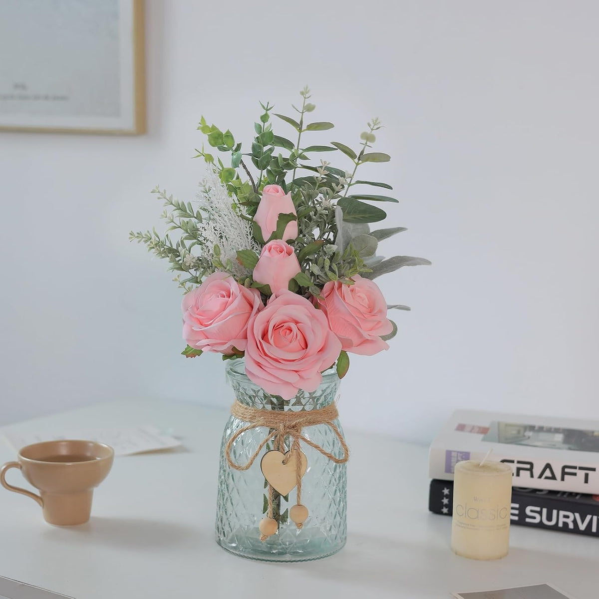 14.5" Artificial Silk Roses with Vase for Home Decoration (Pink)