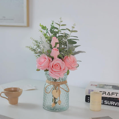 14.5" Artificial Silk Roses with Vase for Home Decoration (Pink)