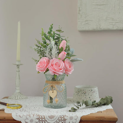 14.5" Artificial Silk Roses with Vase for Home Decoration (Pink)
