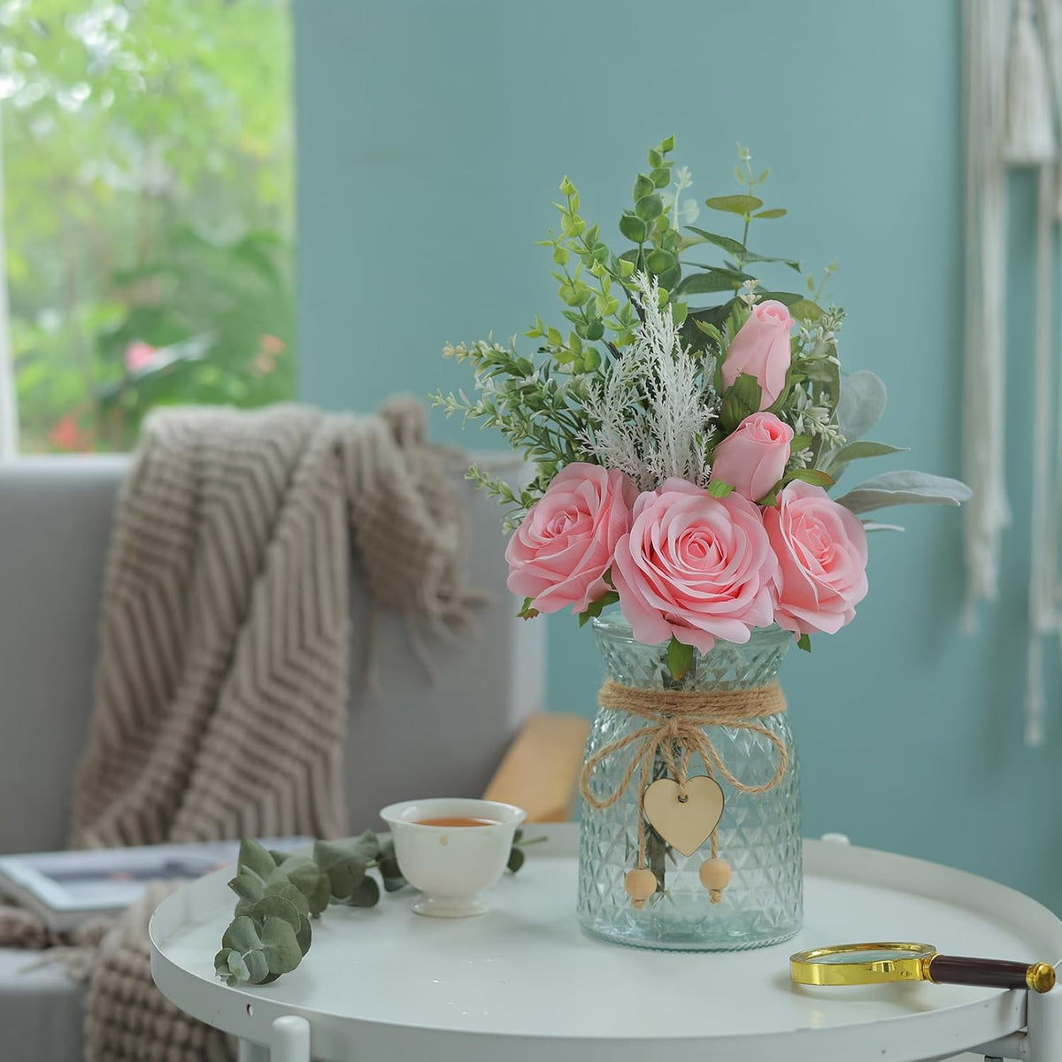 14.5" Artificial Silk Roses with Vase for Home Decoration (Pink)